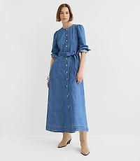 Petite Chambray Balloon Sleeve Midi Pocket Dress
