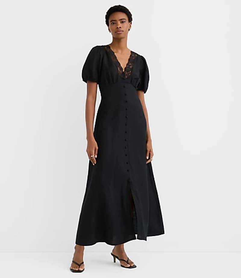 Petite Lace Trim Linen Blend Midi Dress
