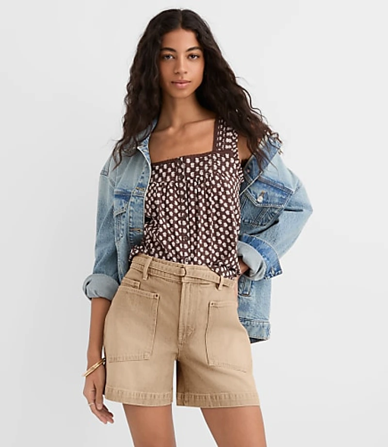 Tall Belted Denim Utility Shorts in Washed Neutral