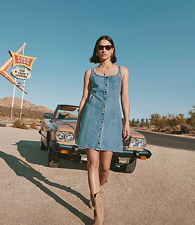 Petite Denim Seamed Button Mini Dress Classic Mid Wash