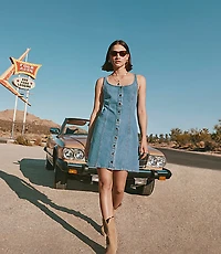 Petite Denim Seamed Button Mini Dress Classic Mid Wash
