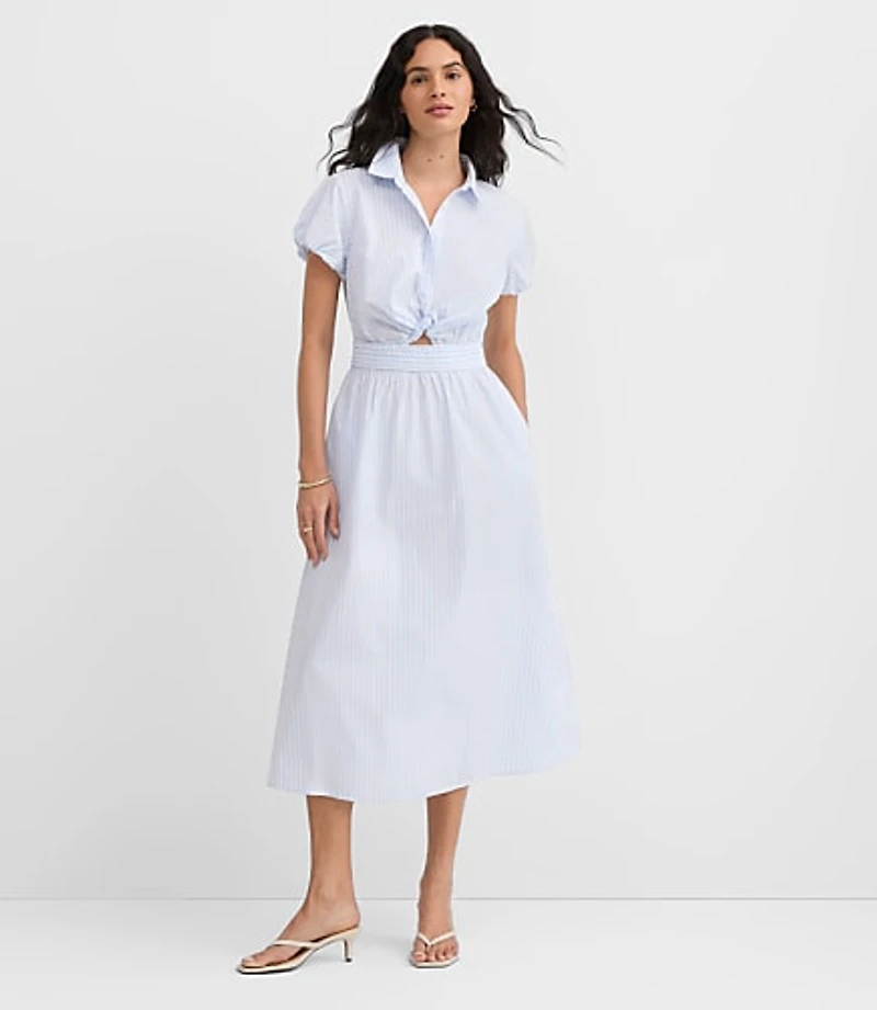 Striped Poplin Twist Midi Pocket Shirtdress