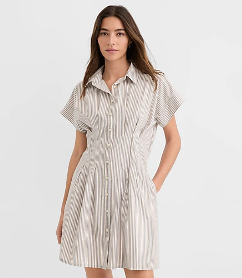 Petite Striped Poplin Pleated Mini Pocket Shirtdress