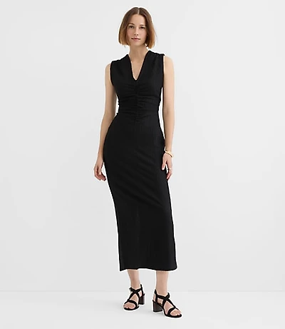 Petite Textured Ruched V-Neck Midi Dress