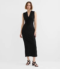Petite Textured Ruched V-Neck Midi Dress