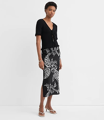 Floral Paisley Ruched Linen Blend Midi Skirt