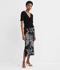 Floral Paisley Ruched Linen Blend Midi Skirt