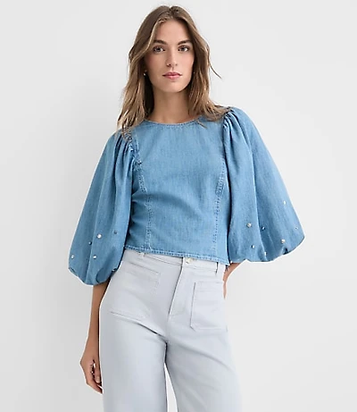 Petite Studded Chambray Puff Sleeve Blouse