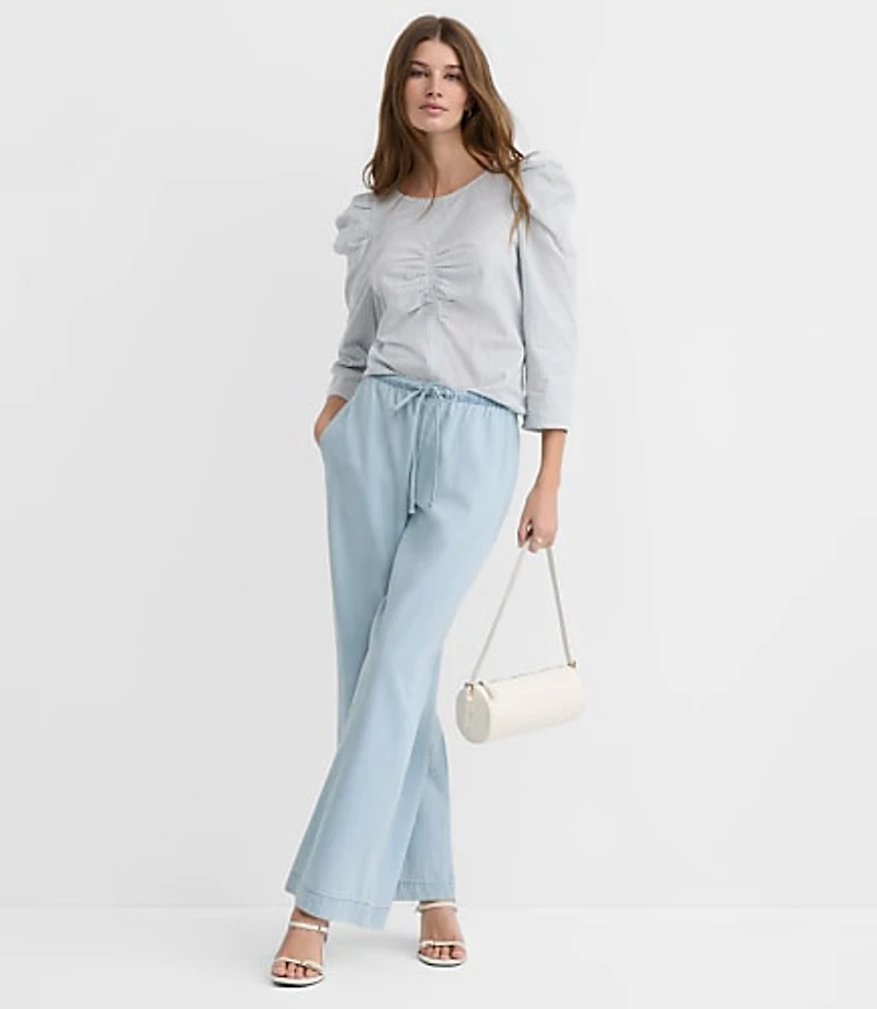 Petite Stripe Ruched Puff Sleeve Top