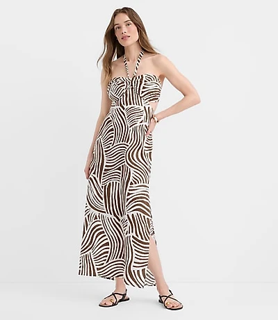 LOFT Beach Wave Linen Cotton Cutout Halter Maxi Dress