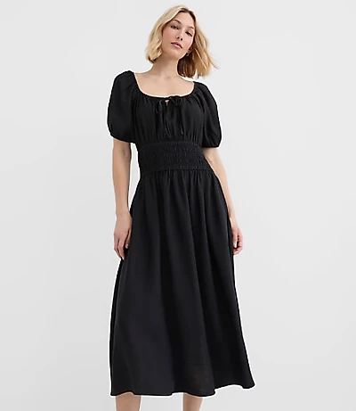 Petite Ruffle Tie Neck Smocked Midi Dress