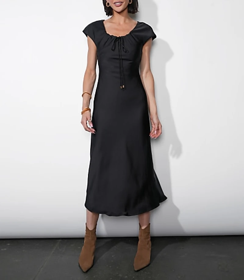 Greylin Inez Neck Drawstring Satin Midi Dress