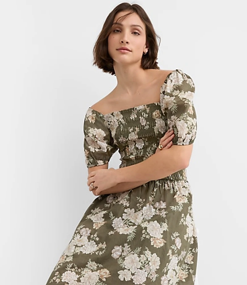 Petite Floral Smocked Puff Sleeve Midi Dress