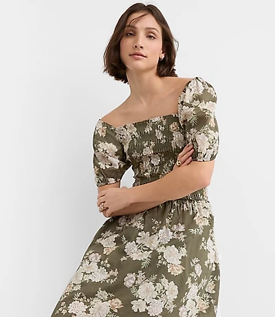 Petite Floral Smocked Puff Sleeve Midi Dress