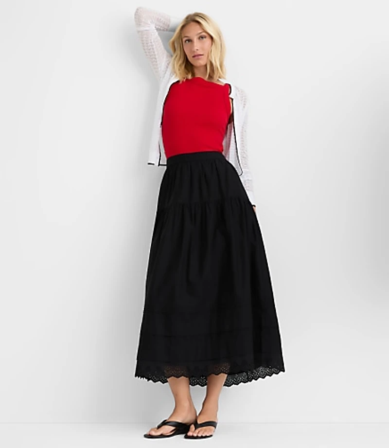 Scalloped Eyelet Pintucked Maxi Skirt