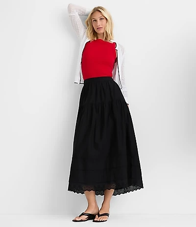 Scalloped Eyelet Pintucked Maxi Skirt