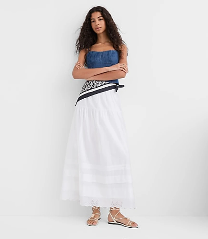 Scalloped Eyelet Pintucked Maxi Skirt