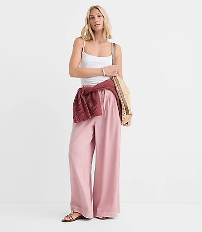 Petite Tie Waist Pleated Palazzo Pants