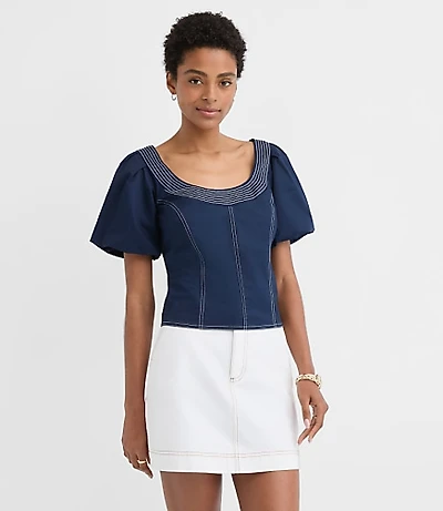 Topstitched Poplin Balloon Sleeve Top