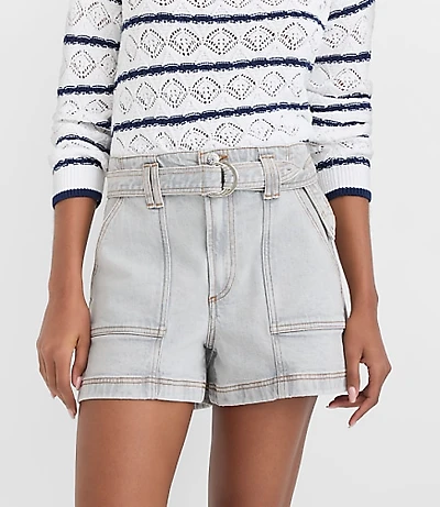 Rivete Curvy Belted Denim Utility Shorts Vintage Grey Wash