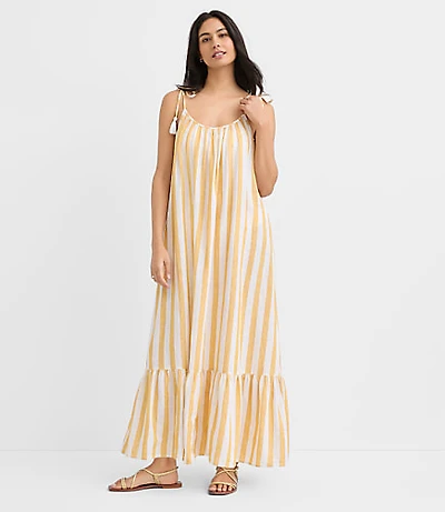 LOFT Beach Striped Tie Strap Linen Cotton Maxi Dress