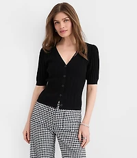 Pointelle Puff Sleeve V-Neck Cardigan