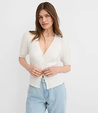 Pointelle Puff Sleeve V-Neck Cardigan