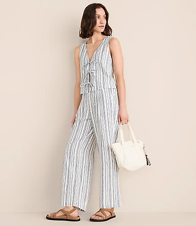 Petite Lou & Grey Striped Linen Cotton Wide Leg Crop Pants