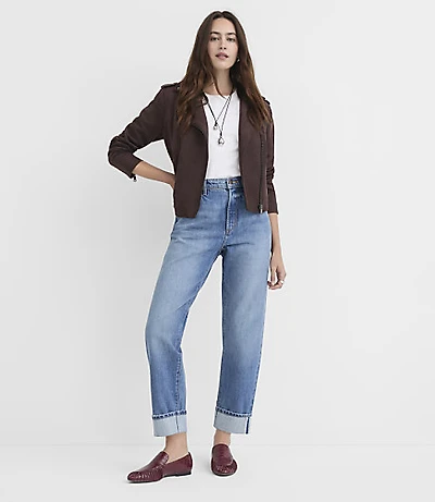 Rivete Selvedge Cuffed High Rise Straight Jeans Medium Stone Wash