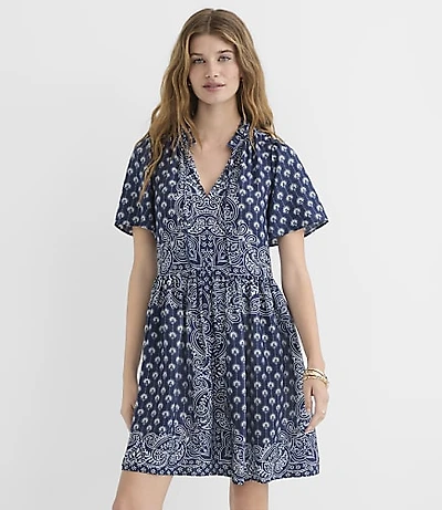 Petite Bandana Print Ruffle Tie Neck Mini Pocket Dress