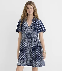 Petite Bandana Print Ruffle Tie Neck Mini Pocket Dress