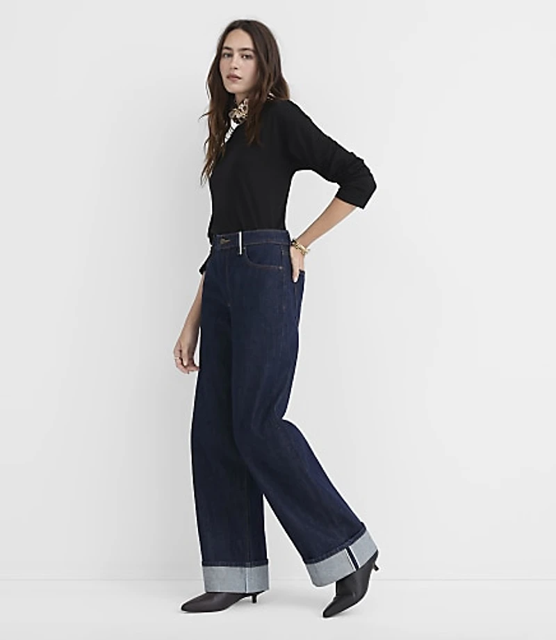 Rivete Selvedge Cuffed High Rise Wide Leg Jeans Nova Wash