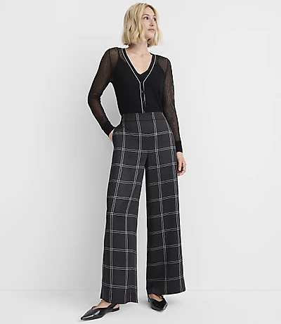 Fluid Pull On Wide Leg Pants Plaid Satin