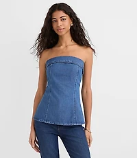 Denim Foldover Strapless Top Classic Mid Wash