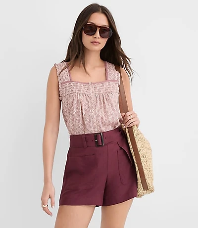 Petite Belted Patch Pocket Shorts Linen Blend