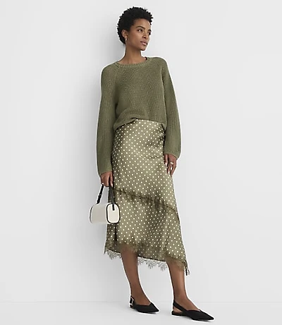 Dotted Lace Trim Satin Asymmetrical Midi Skirt