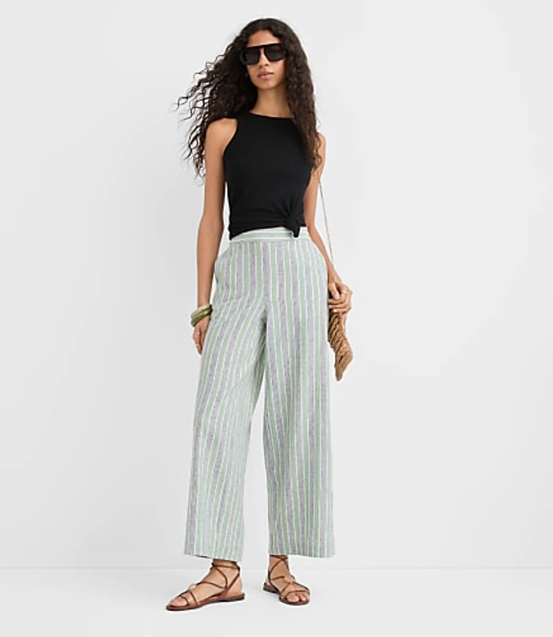 Petite Pull On Wide Leg Pants Striped Linen Cotton