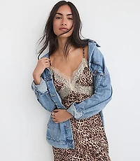 Leopard Print Lace Trim Satin Midi Slip Dress
