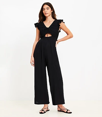 Petite LOFT Beach Crinkle Cutout Flutter Jumpsuit
