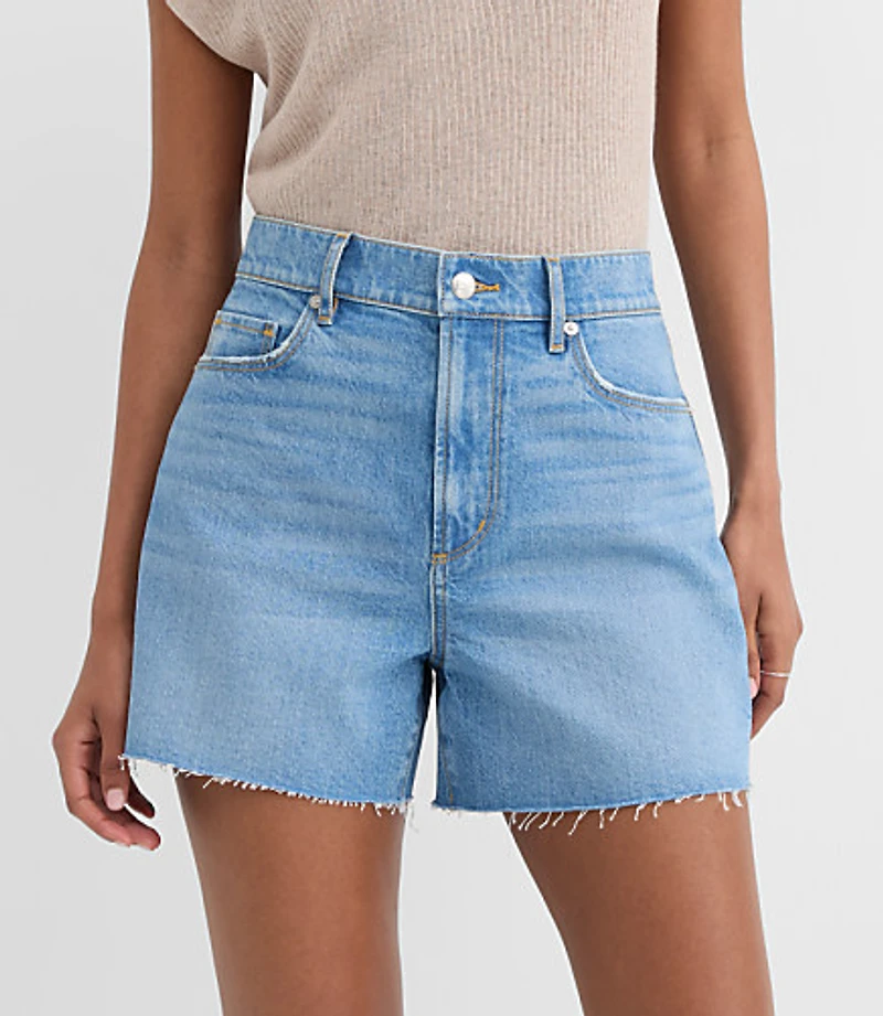 Rivete Tall Curvy High Rise Cut Off Denim Shorts in Mid Wash