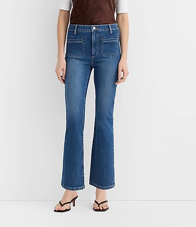 Rivete Tall Curvy Welt Pocket High Rise Kick Crop Jeans Mid Wash