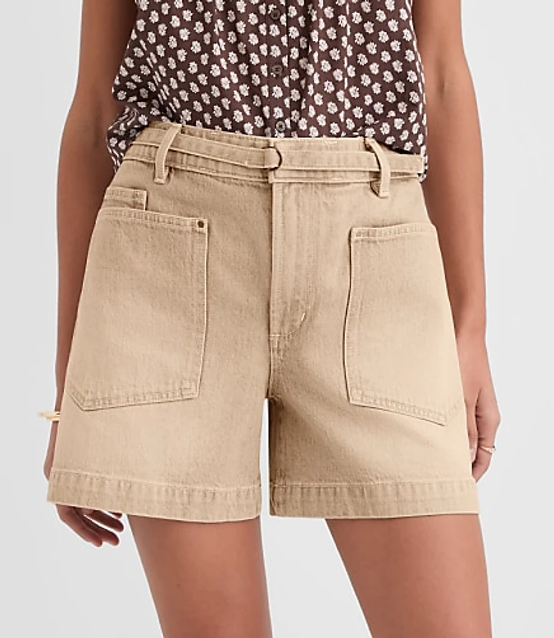 Petite Curvy Belted Denim Utility Shorts Washed Neutral