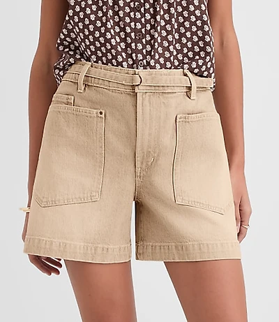 Petite Curvy Belted Denim Utility Shorts Washed Neutral