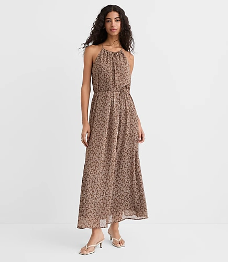 Floral Tucked Maxi Halter Dress