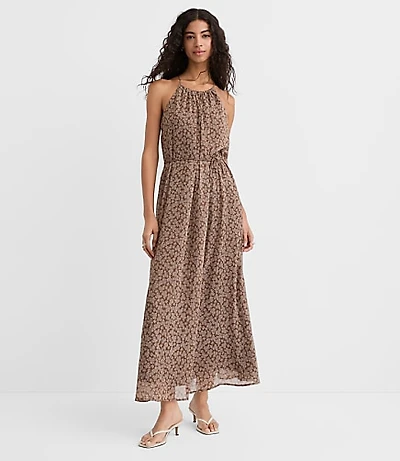 Floral Tucked Maxi Halter Dress