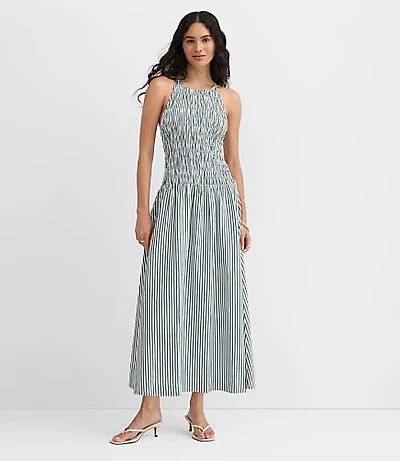 Petite Striped Smocked Halter Midi Dress