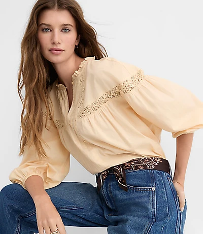 Petite Lace Trim Pintucked Ruffle Collar Blouse