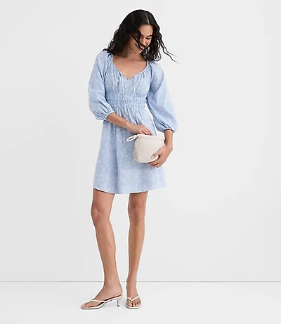 Petite Bouquet Linen Cotton Smocked Mini Dress