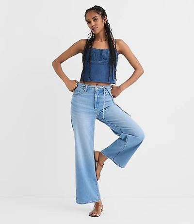 Rivete Petite High Rise Wide Leg Crop Jeans Bright Medium Stonewash