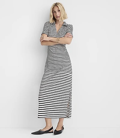 Striped Pointelle Collared Midi Dress